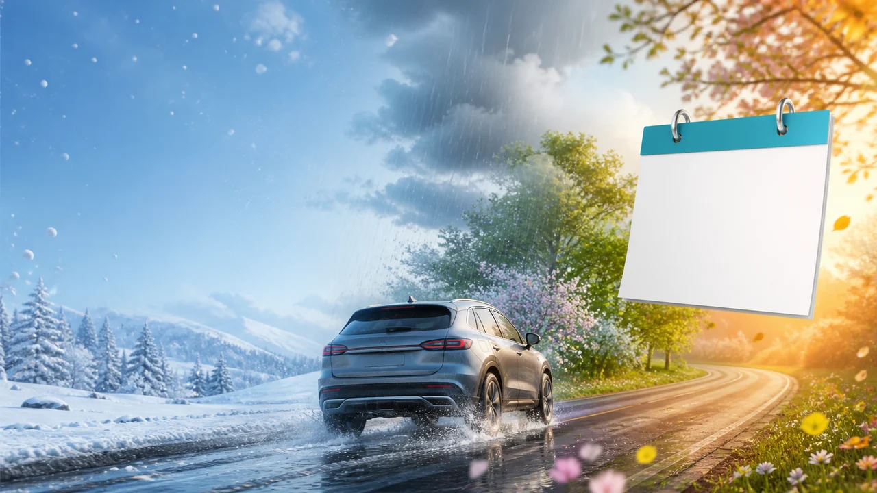 Automobilis važiuoja iš žiemos į pavasarį šalia tuščio kalendoriaus – padangų keitimo iliustracija